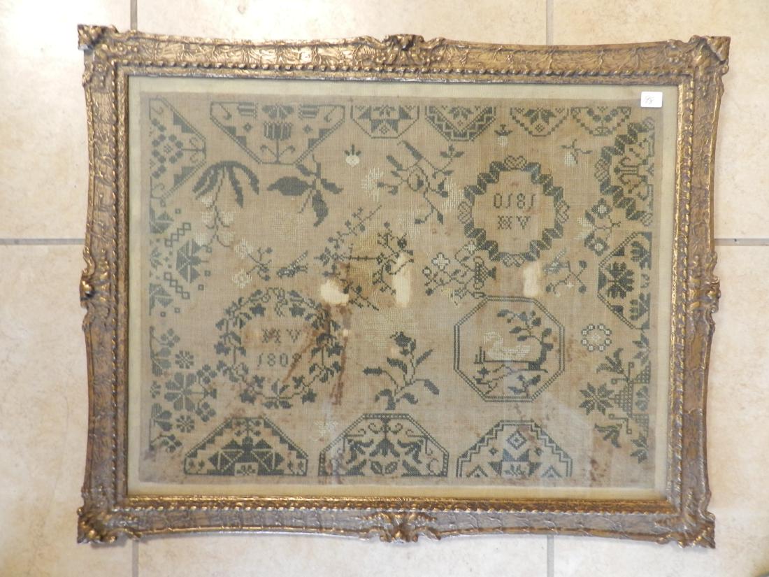 Hand Done Sampler From a Early Skaneateles NY Family: Very Early American Dated (1809 MV)1810 HV- settler to Skaneateles, NY Dentists; has folk art floral border(moth hole damage+stains-see photos) Sampler 23"W x 17 1/2"H, Frame 26 5/8"W x 21 1/4"H