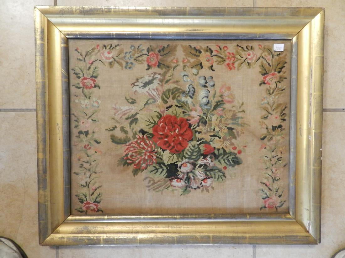 Hand Done Sampler From a Early Skaneateles NY Family: Needlepoint of flowers From Skaneateles early 1830's in original 24K gold leaf settler frame Sampler 19 1/2"W x 15 1/2"H, frame 24 1/4"W x 20 1/8"H