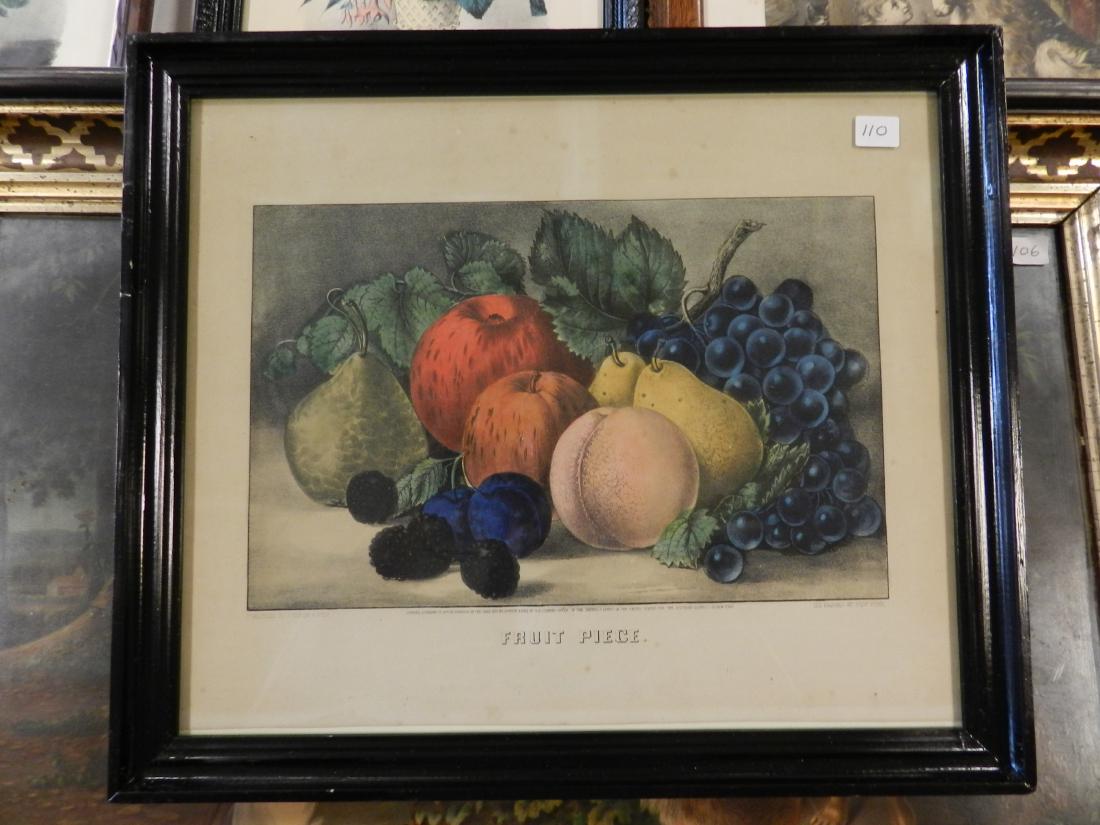 (2)Currier+Ives"Fruit Piece"&"Little Daisy": Hand colored lithograph -Published 1870"Fruit Piece" (border foxing) 15"W x 12 1/2"W w/frame 17"W x 14 1/2"H; 2nd "Little Daisy"(border stains+bottom center border tear) 11 1/2"W x 15 3/4"H w/frame 14