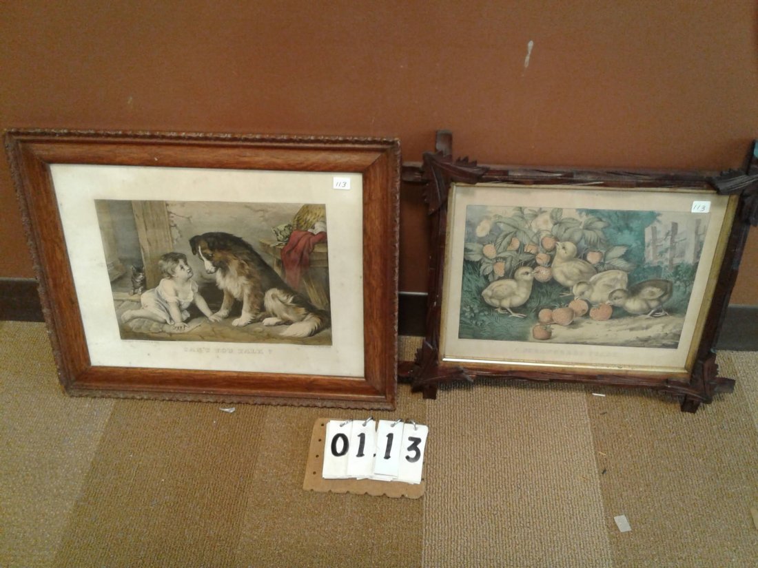 (2)Currier+Ives"A Strawberry Feast & Can't You Talk?": Hand colored lithograph- Published-(1)"A Strawberry Feast" (creasing on border/small hole-top border/tear in left corner) 13 3/4"W x 10 3/4"H w/frame 19 1/2" x 16 1/2"H; 2nd "Can't You Talk?"(creasing