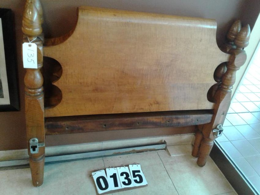 Full Size Solid Tiger Maple Rope Bed circa 1830: 1830's Rope bed with iron replaced side rails, possibly from Skaneateles NY - Talcott family 52 1/2"W x 45 1/2"H has converted iron rails for modern full size mattress.