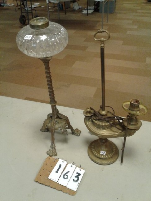 Brass Clawfoot+Genie Lion Head Lamp: (1) 1890's American heavy solid brass clawfoot table lamp with cut glass font(missing burner+shade (1) Solid fancy heavy brass kerosene converted to electric genie lion headed table lamp missing shade