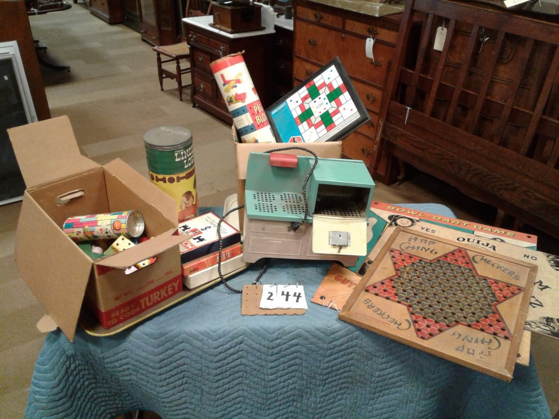 Estate Collection of American Old Games: Circa early 1900's to 1940's old games- 1935 Monopoly game; Lincoln Logs+Misc, Metal Electric child's 1920 stove, Ouija Old Board & more (all sold together)