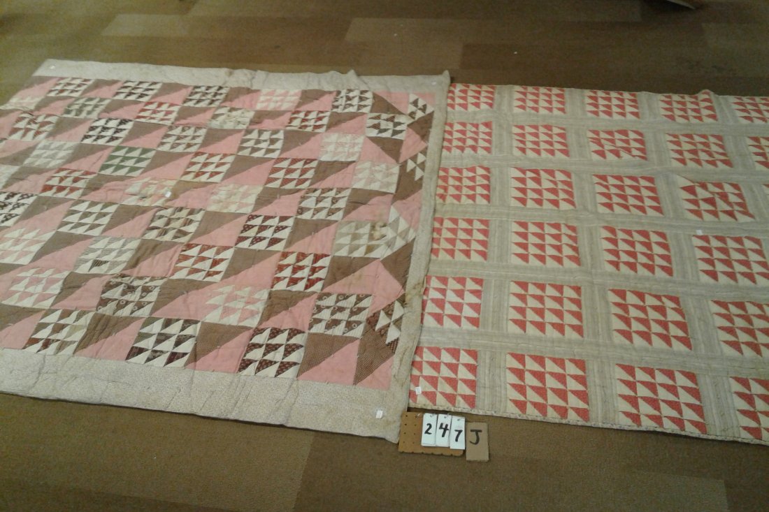 (2) American 19c Hand Tied Patchwork Quilts: Estate American 19C Patchwork quilts-hand tied (1) Red & White 56"W x 76"L (1) Pink & Brown 73"W x 80"L - minor stains on both (sold as pair)