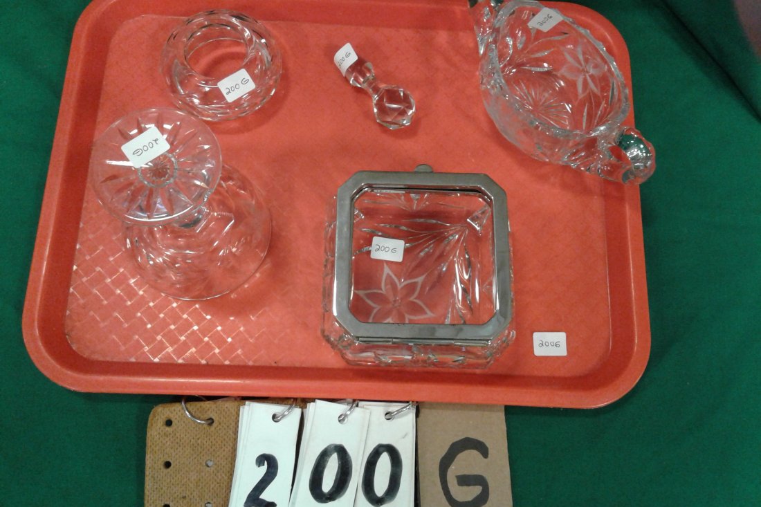 Canastota Cut Glass 5 Pc Miscellaneous Tray Lot: Canastota Cut Glass- ex cond.(1) cover metal box missing glass insert in box 5"W x 2 1/2"H; (1) 2 handled sugar dish w/poinsettia 7 1/2"L x 3 1/4"W x 2 3/4"H; (1)rare rosebud lid only-hair receiver to