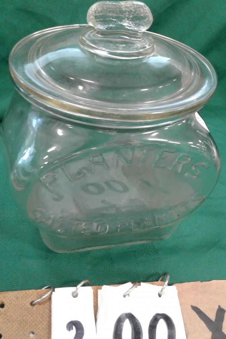 Antique Planter Peanut Jar with Cover: Planter peanut jar with cover - has small chips at lid - 9"H x 7"W x 8"L