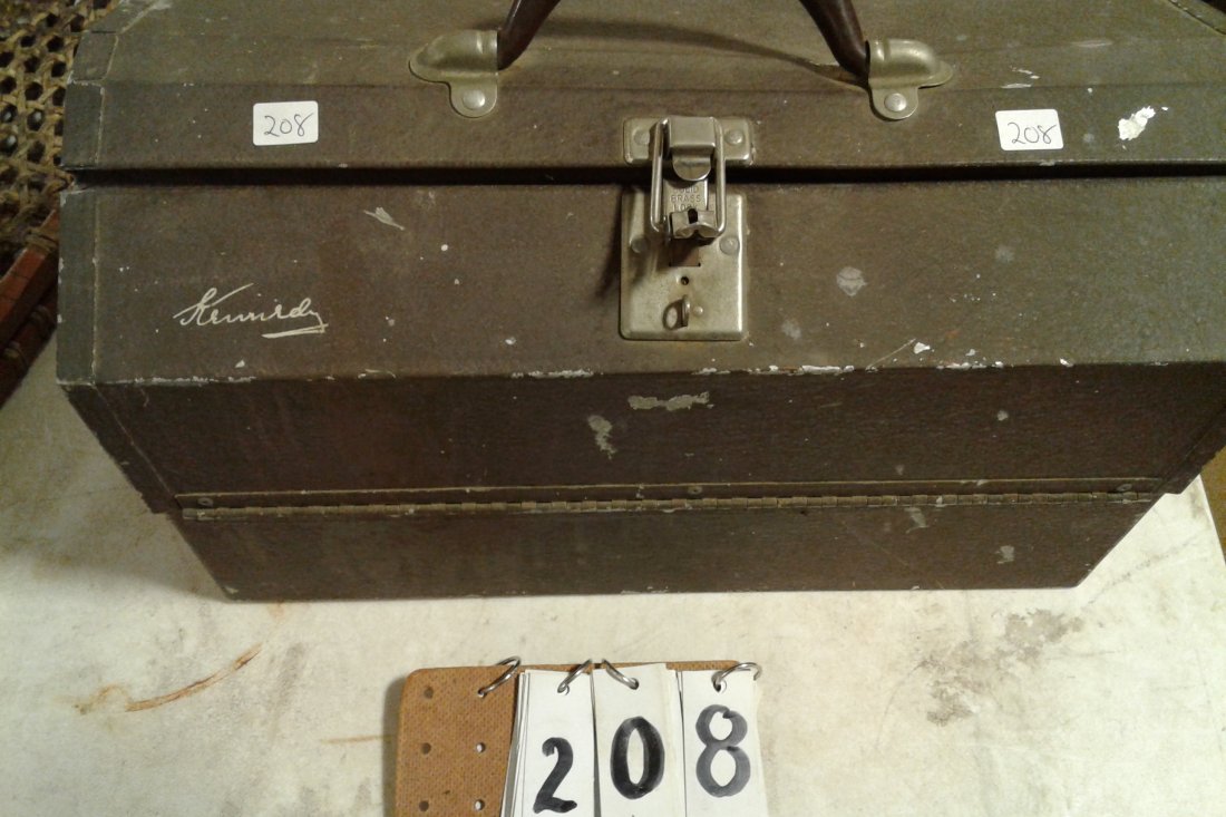 Kennedy Kits Fishing Box Full of Lures: Exceptionally full Kennedy kits fishing box of 50+ early Great Lakes Box- fishing lures off of a Lake Ontario. N.Y. home