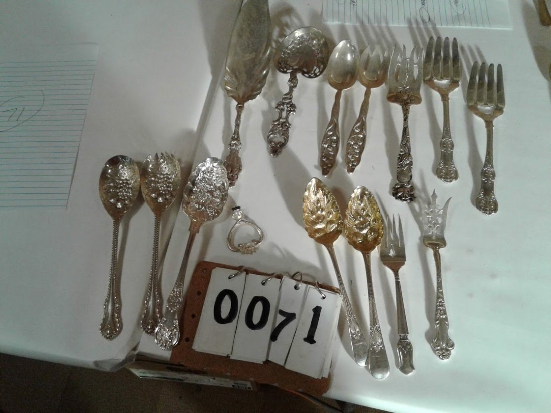 (11)Pcs Estate Large Sterling Silver Serving Set: Estate 11Pc super large sterling silver set. (2)matching gold wash ex. Ex. Embossed spoons with engraved elephant logos at the end of each handle(beautiful, touch marked) 8 1/2"L x 1 3/4"W; (1)large e