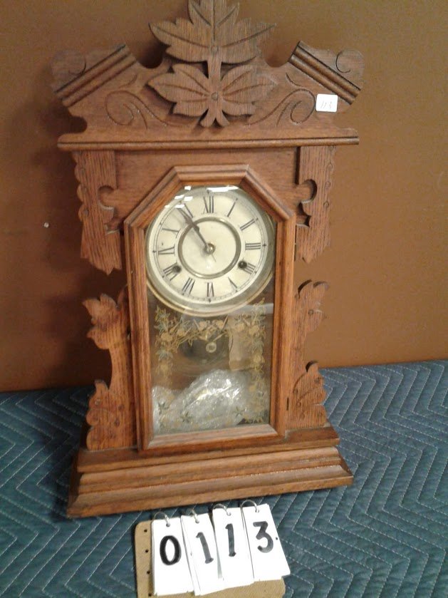 1890s Oak Shelf Clock: 1890s oak shelf clock (has pendulum, no key) We do not know if it works. 23"H x 14 1/4"W