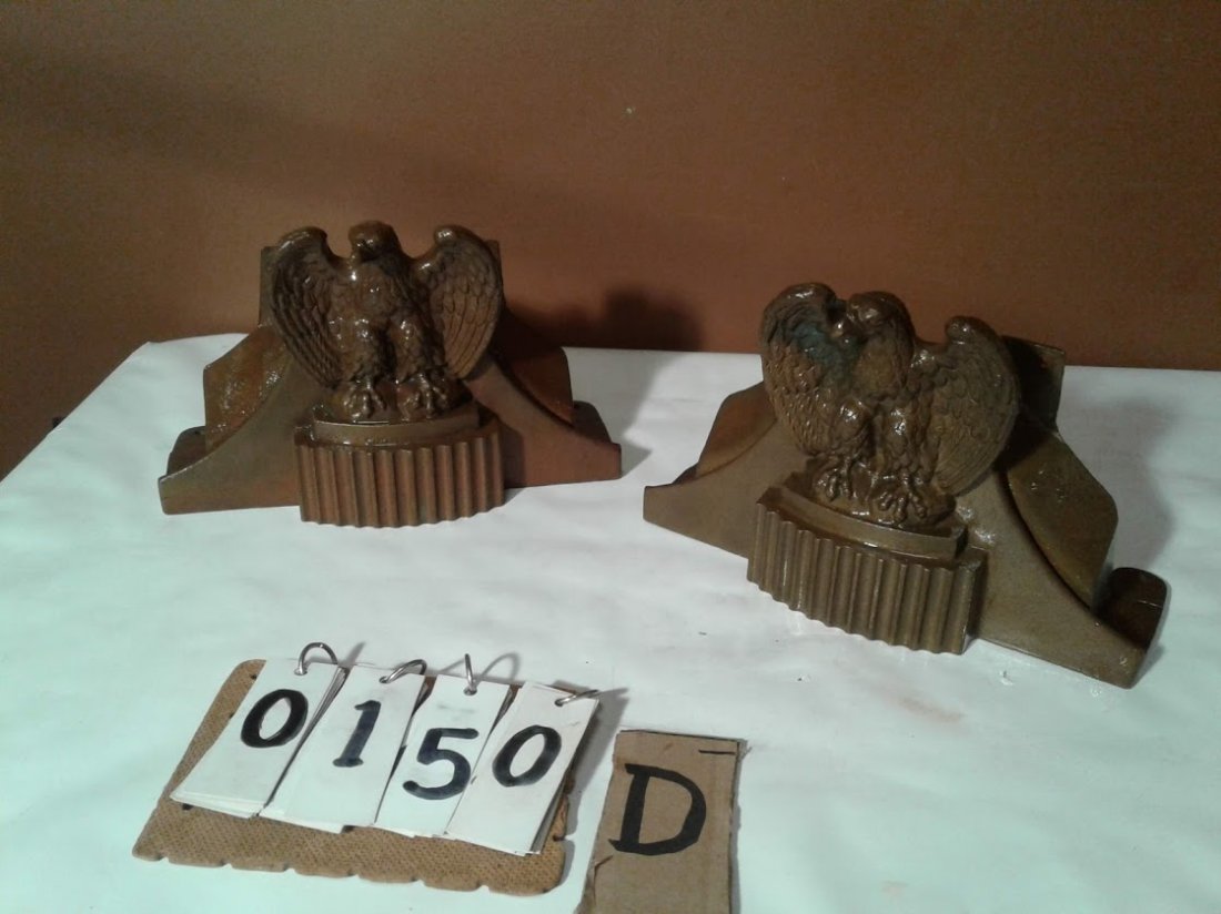 Pair of Estate Solid Brass Architectural Eagle: Circa Early 1900's elements - pair of estate solid brass architectural eagles on a shield (weight 13.4 pounds) 7 1/2"H x 11"W x 5"Deep (sold as a set)