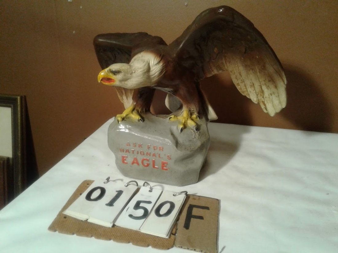 Estate 1920s American Bald Eagle: American 1920s estate bald eagle-Advertising stating on front "Ask for Nationals Eagle", whiskey mascot made out of paper Mache - stamped on blended whiskey 90 proof back - National Distillers Product