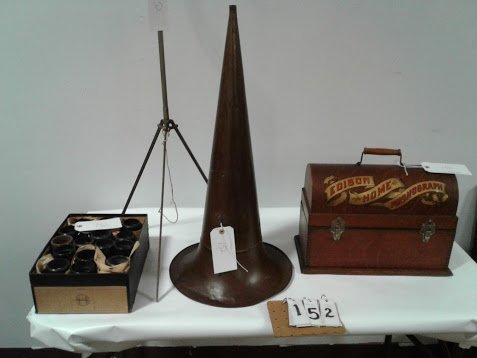 Thomas Edison "Home" Model Cylinder Estate Victrola: Estate Thomas Edison "Home" model cylinder Victrola with stand, horn, brass horn & 21 cylinders. This oak original decal machine is in near perfect original finish - Victrola 14"H x 16"W x 8"Deep; hor