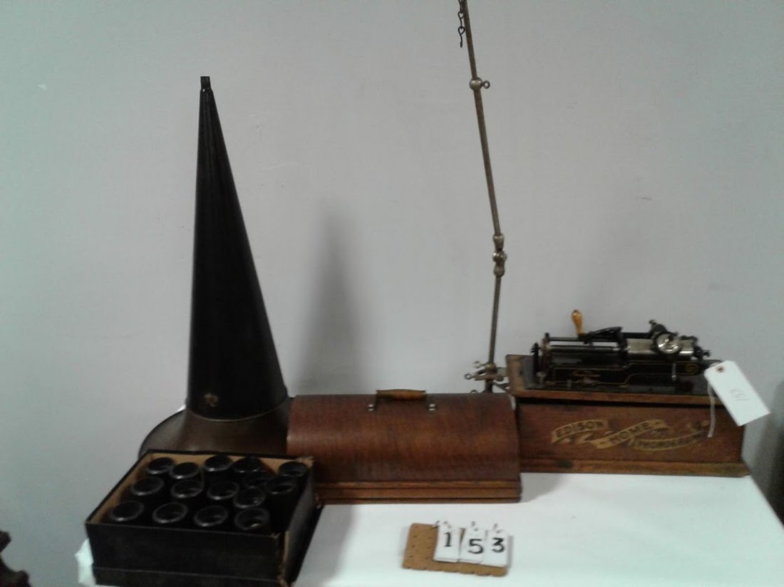 Thomas Edison "Home" Model Cylinder Estate Victrola: Estate Thomas Edison "Home" model cylinder brass & metal horn Victrola with (21) records. This has the original decal + original finish in near mint cond.