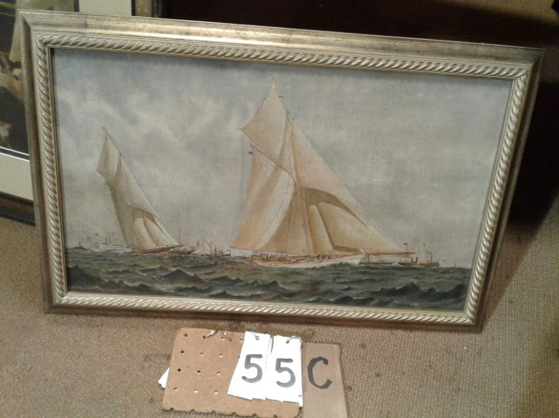 Oil on Canvas Painting of a 19th C Sail Boat Racing: Oil on canvas painting of a 19th Century sail boat racing scene, unsigned with American flagged paddle wheeler + racing sail boats(metal frame tables dated 1885 reframed). This is a very beautifully e