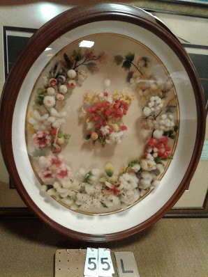 Oval Framed Shadow Box Cotton Flower Colored Theorem: 1860-90 Walnut oval framed shadow box cotton flower hand colored theorem in exceptional all original condition. - glass to glass - 19 1/2"W x 24"H; w/frame 24"W x 28"H