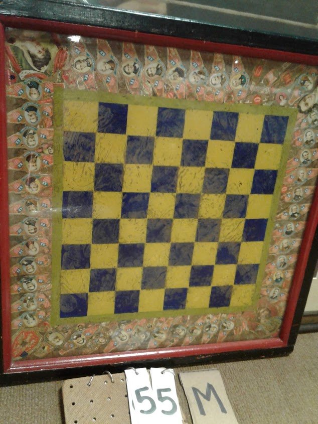 1900s Folk Art Checker Board Reverse Painting On Glass: Early 1900s folk art checker board reverse painting on glass with all the President's Portraits on tobacco cigar labels. This shows all of the President's from Washington to Teddy Roosevelt - painting