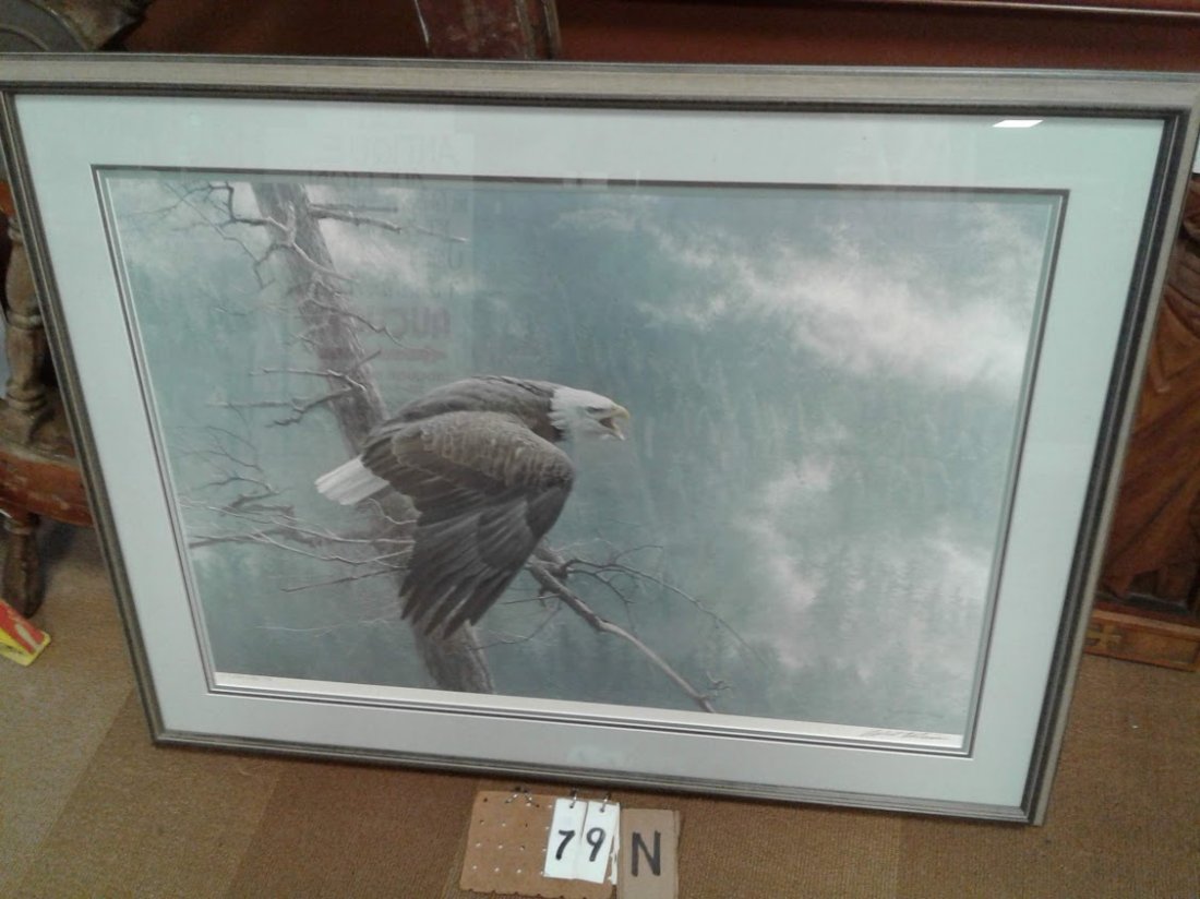 Est. Col. American Bald Eagle Print by Robert Bateman: Estate Collected American bald eagle print copyright 1989 signed by Robert Bateman - view size 39"W x 29"H; w/frame 41 1/2"W x 32"H