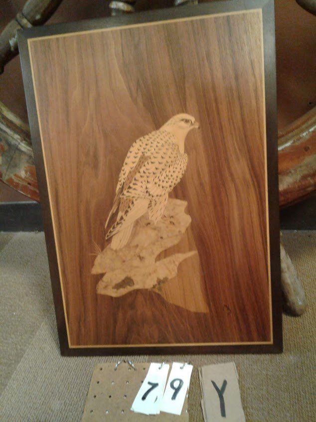 Est. Col Hand Wood Inlaid Plaque of a Amer. Bald Eagle: Bridgeport Estate collected signed M.S. hand wood inlaid plaque of a American bald eagle - view size 21"H x 14 1/2"W; w/frame 22 1/2"H x 15 3/4"W
