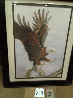 Cobleskill Est. Bald Eagle Print-Joy Argentines Butlers: Cobleskill Estate collected - Signed Joy Argentines Butlers of a bald eagle 1990 print in frame- view size 20 1/2"W x 26"H; w/frame 24 3/4"W x 30"H