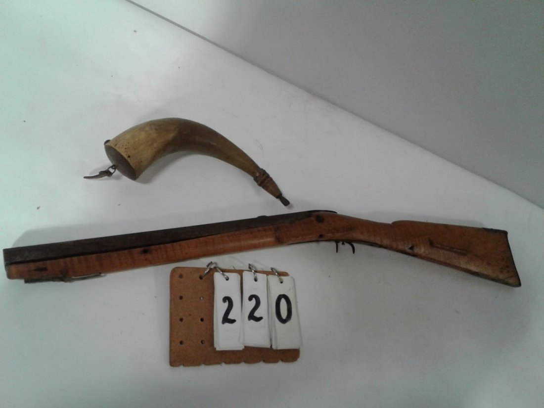 Signed Dayton-Tiger Maple Stock Child Cap & Ball Rifle: Cobleskill Estate - Signed Dayton tiger maple stock child's 1830s cap & ball rifle with original powder horn (needs work & missing trigger guard. There is another name on the barrel but the stamp is o