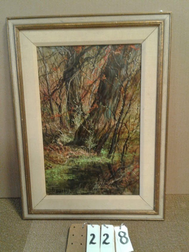 Bridgeport Est.-George Benedict Oil on Masonite: Bridgeport Estate collected - Signed George Benedict 1971 oil on Masonite painting titled "Swamp at Pleasant Valley between Cedarville + Marcellus". In excellent condition + workmanship of fall scene-