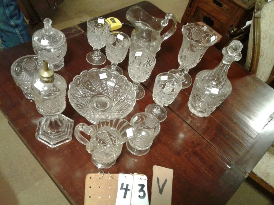 (13) Horn of Plenty 19th Century Pattern Glass: Estate collection of (13) pieces of Horn of Plenty 19th century pattern glass - Lifetime collection - collected over a 60 year period to include - (1)whale oil rare lamp 4"W x 11 1/4"H; (1)footed open