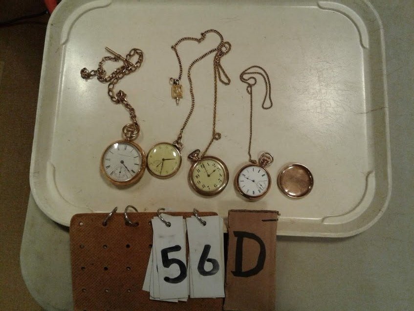Est. Collection of 19th & 20th Century Pocket Watches: Doctor's Estate - Clayton N.Y. Collection - of 19th Century and 20th Century pocket watches with G.F. watch fob's (1)Columbus Watch Co. key wind(no key) #31438; (1)AW Waltham (cracked porcelain face w