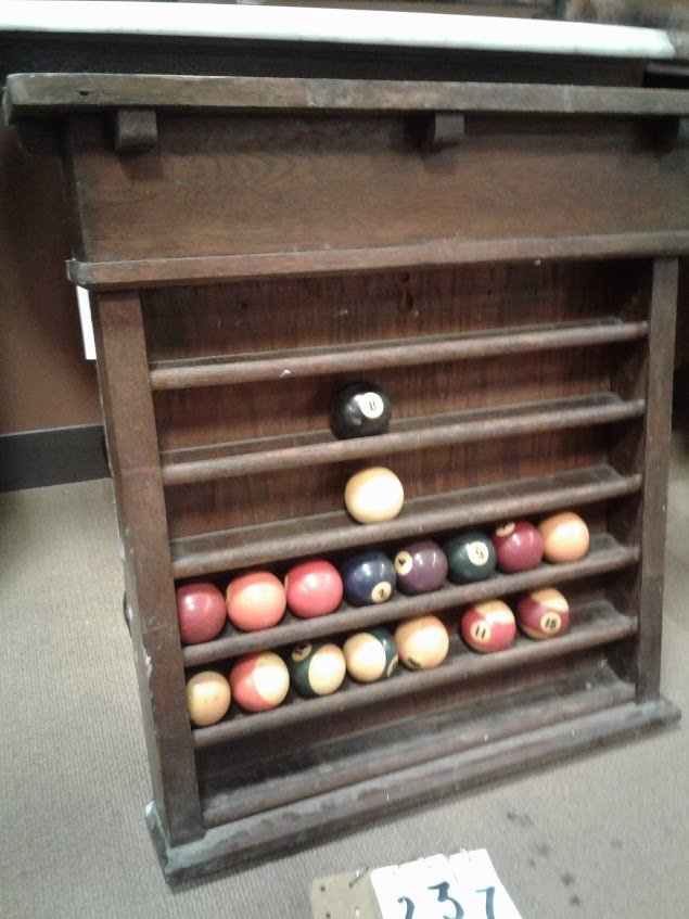 Oak Pool Ball Wall Rack with Vintage Pool Balls: Estate Collected - Oak pool ball wall rack with vintage pool balls. 25 1/2"W x 25 3/4"H x 4 3/4"Deep