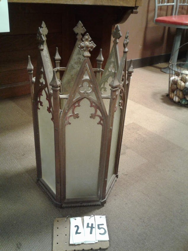 Estate Collected American Solid Bronze Hanging Lamp: Estate Collected - American solid bronze light green glass incerted hanging ceiling lamp. (glass in mint condition). 23"H x 10 3/4"W x 12"Deep