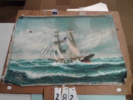 F. Papluo? Oil on Canvas Painting-Fighting Sailing Ship: F. Papaluo? Nicely done American Fighting Sailing Ship - oil on canvas(not stretched or framed with 20 Star American Flag + gun port on side of ship, hole in sky) 28"W x 20 1/2"H