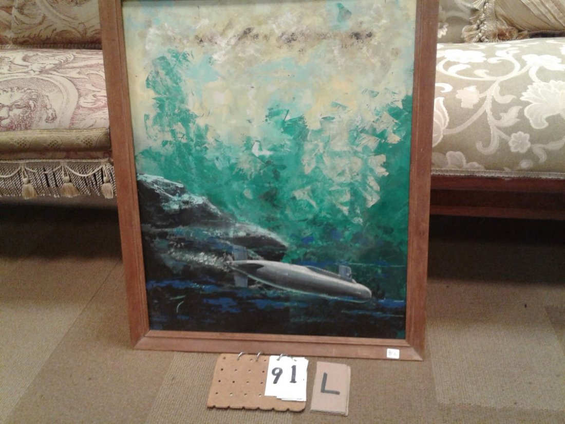 Signed by Komorwski - Rare Oil on Sheet Metal Painting: Rare oil on sheet metal signed by Komorwski of the "George Washington III (SSBN-598) 1959-186 Nuclear Ballistic Missile Sub"- that first fired 2 missile's. This atomic power was researched at the Nisk