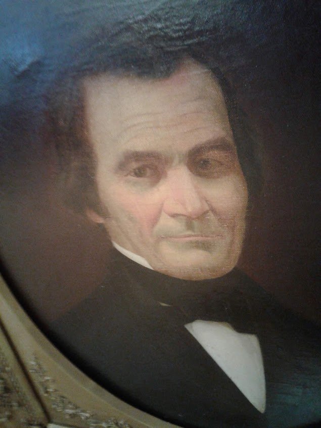 Oval Oil on Canvas Painting Portrait of Ben Tomb: 1830-60s nicely done oval portrait oil on canvas painting of a gentleman(Ben Tomb)in a black suit with bow tie - no signature , in it's original fancy gold frame(small repaired tear in background not
