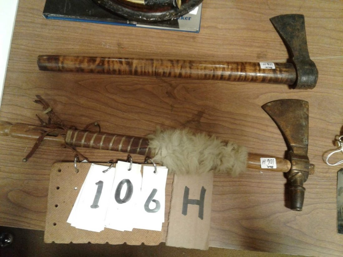 Pair of American Indian Iron Tomahawks: (2) American Indian iron tomahawks - (1) 1790-1800s early American Indian axe with added tiger solid maple handle, axe/blade 6"L x 2 1/4"W; handle only 17 1/2"L x 1 1/4"W; (1) 19th Century? Tomahawk p