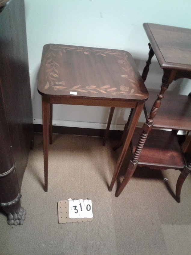 American 1920s Inlaid Floral + Leaf Design Card Table: American 1920s inlaid card table with floral & leaf inlays to top & line inlays to legs 16 1/2"L x 16 1/2"W x 22 1/2"H