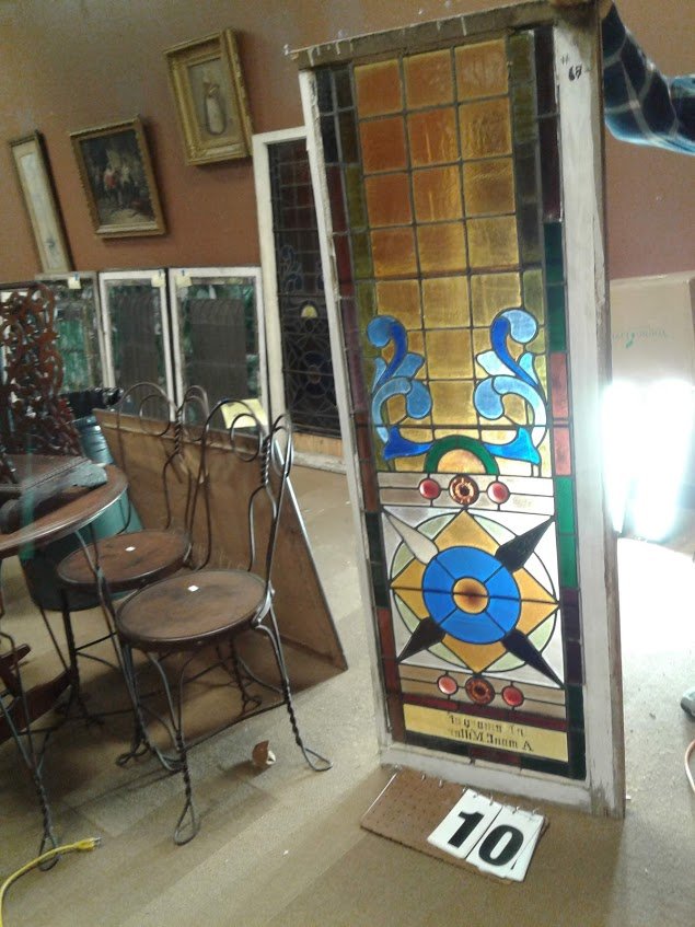 Leaded 1860-1890 Amer. Leaded Stain Glass Window: Super Circa 1860-1890's American leaded stained glass window in original wood frame. Beautiful frosted glass with blue, green, brown, yellow, amber and purple colors 2 cracked panels;1 piece of glass 