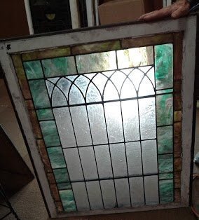 Amer.1860-90s Stained Glass Chipped Ice Leaded Window: Super Circa 1860-90s American leaded stained glass chipped ice jeweled window in original wood frame. Beautiful frosted glass with green, yellow, purple and clear colors. (1 cracked panels) 27 1/2"W x