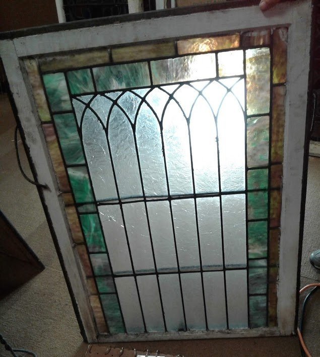Amer.1860-90s Stained Glass Chipped Ice Leaded Window: Super Circa 1860-90s American leaded stained glass window in original wood frame. Beautiful frosted glass center with blue, tan, purple and clear colors. (4 cracked panels). 23 1/2"W x 35 3/4"L; w/fra