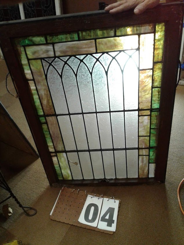 Amer.1860-90s Stained Glass Chipped Ice Leaded Window: Super Circa 1860-90s American leaded stained glass chipped ice window in original wood frame. Beautiful frosted glass with green, purple, tan and clear colors. (4 cracked panels) 23 1/2"W x 35 3/4"L; 