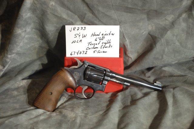 SMITH & WESSON, Hand Ejector: 22 LR, 6 Barrel, Blue, Custom stocks, five screw, 99% finish, Target Sights, SerNo--674072