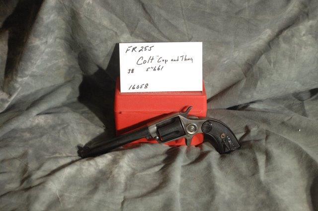 COLT, New Police .38, (A.K.A.) Cop & Thug Revolver: 38, 5 Barrel, Blue, there is some pitting on the receiver, looks as if it may have been wire brushed to clean it up. Some play in the action and lock-up. SerNo--16085