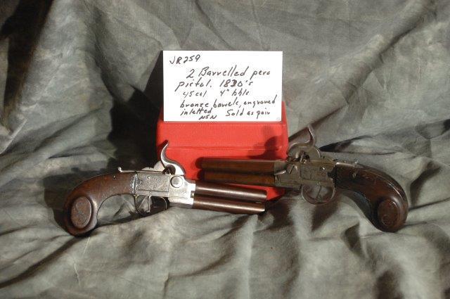 Galton or Gaston, Double Barreled Pistols (2), Sold as: Pair of English Tap Action Over/Under Barrels Flintlock Pistols by Galton. Samuel Galton is listed as a gunmaker, Steelhouse Lane, Birmington, Al. Also as Gaston and Son 1799-1818. Barrels are 3&rdquo
