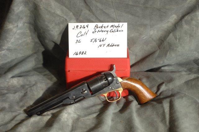 COLT, Pocket Model of Navy Caliber: 36, 5.5 Barrel, Blue Brass Grip Frame, New York address, all numbers match, upon closer examination, I believe this has been re-finished as there is pitting and bluing is in the pitting, SerNo--16982