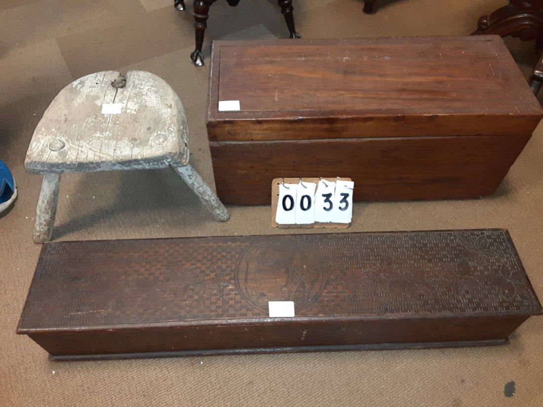 Antique Pieces - Three Pieces - Wood Boxes and Stool (1 of 2)