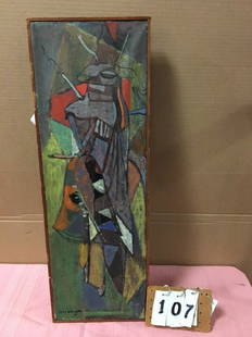 Isenburger WWII Modern Art Oil on Canvas Painting: Jewish WWII modern art signed oil on canvas painting by Eric Isenburger. Some minute paint loss on the bottom edge and a few minor spots on the dress. Frame 29"h x 10"w and painting 28.25"h x 9.25"w.