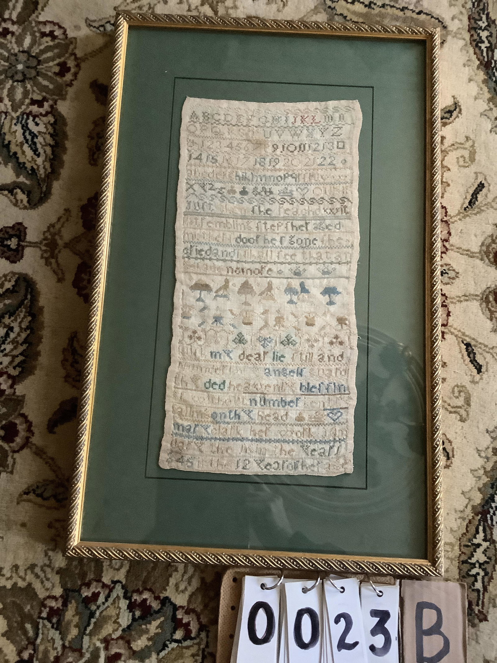1819 Sampler: 1819 sampler with birds + trees. Frame - 14”x23” H, sight size - 12¾x21½