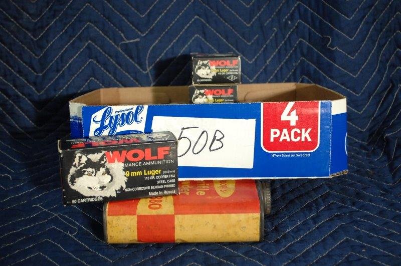 9MM Ammo Lot: 15 boxes of Wolf (steel casing) 9mm FMJ ammunition.