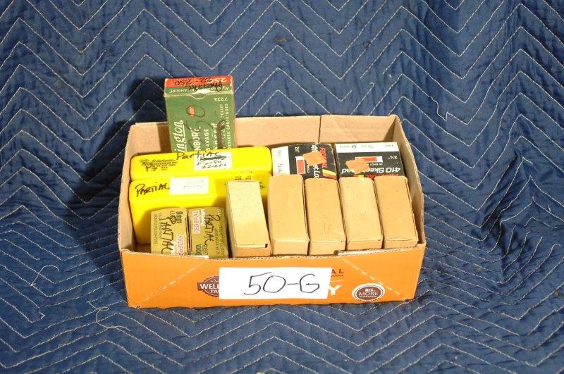 Mixed Lot of Handgun and Rifle Ammo: 5 boxes of military 9mm (war era), 2 partial boxes of factory 9mm (15 rounds), 2 boxes of .410 shotgun, 2 partial boxes of 22-250 handloads.