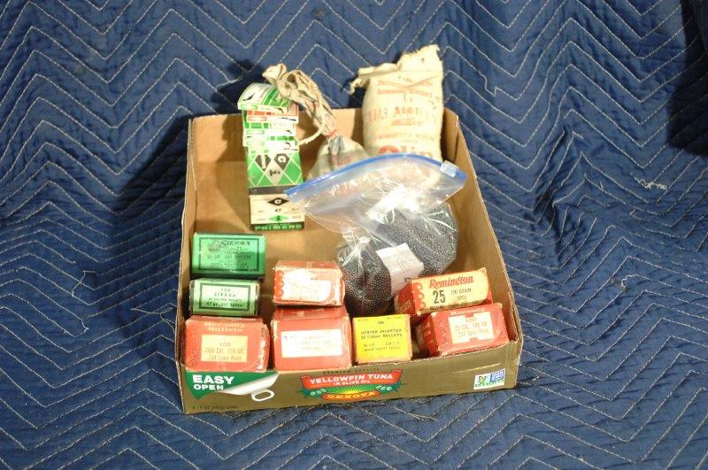 Assorted Projectiles and Primers: Assorted projectiles to include 22 caliber, 25 caliber, 7mm, 32 caliber and lead shot. Lot includes large rifle primers and small pistol primers.