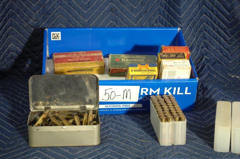 Assorted Rifle Calibers: Lot includes 4 partial boxes of 32 Win Special, 1 box of 32 Rem brass, 1 box of 8mm Mauser, 1 full box of Winchester John Wayne 32-40, 1 box of 30-30 brass and a tin of assorted brass and bullets.