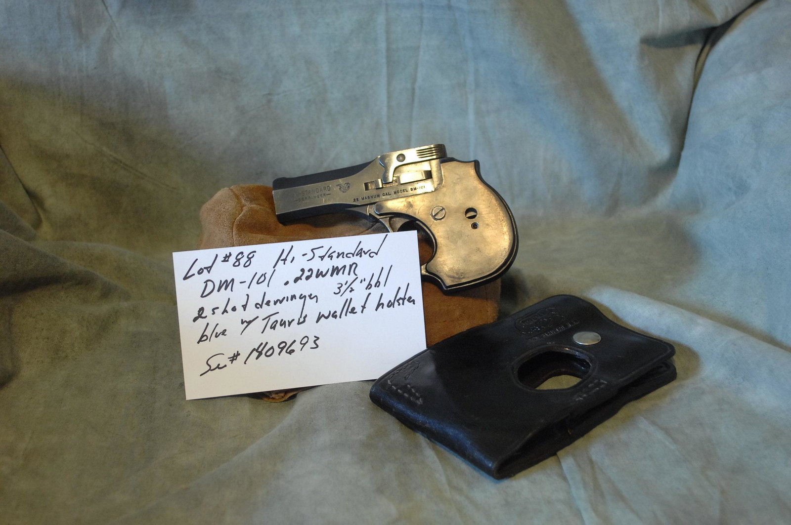 Hi-Standard Model DM-101: 22WMR 2 shot Derringer 3.5"bbl blue with Tauris wallet holster Ser#--1409693